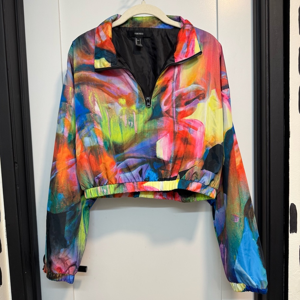 F21xHUEMAN Vibrant Multicolor Cropped Half-Zip Up Jacket